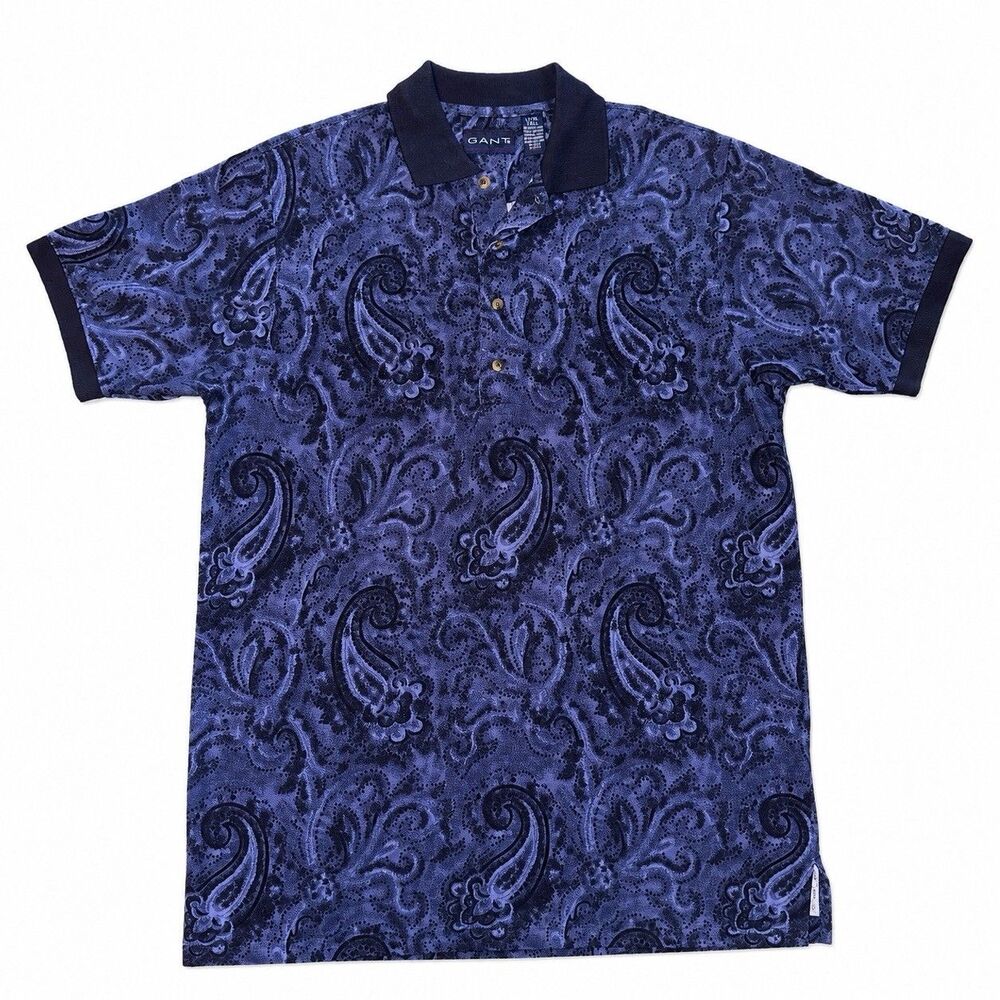 Vintage GANT Paisley Polo Shirt Men LT Tall Blue Black Cotton USA Islands - Picture 2 of 6